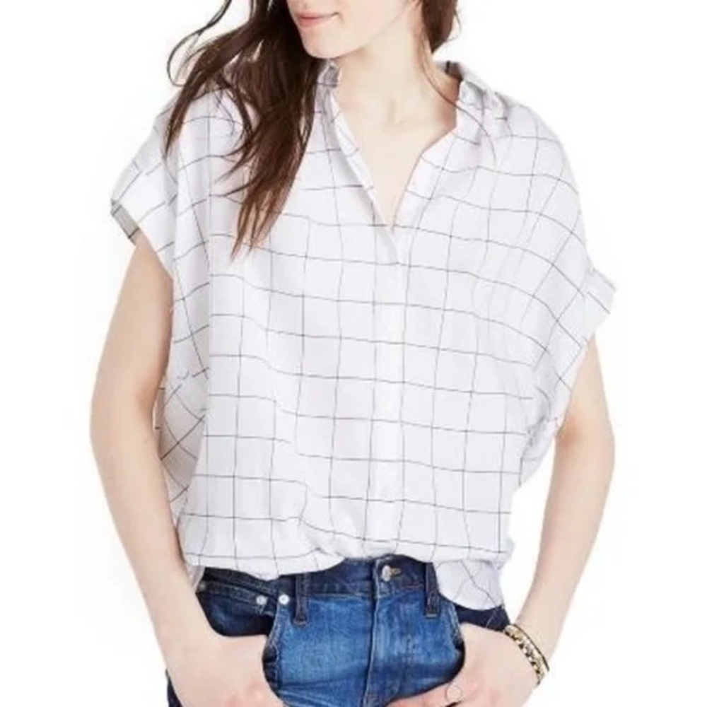 Madewell Central Tie-Sleeve Shirt, white and blue windowpane grid pattern